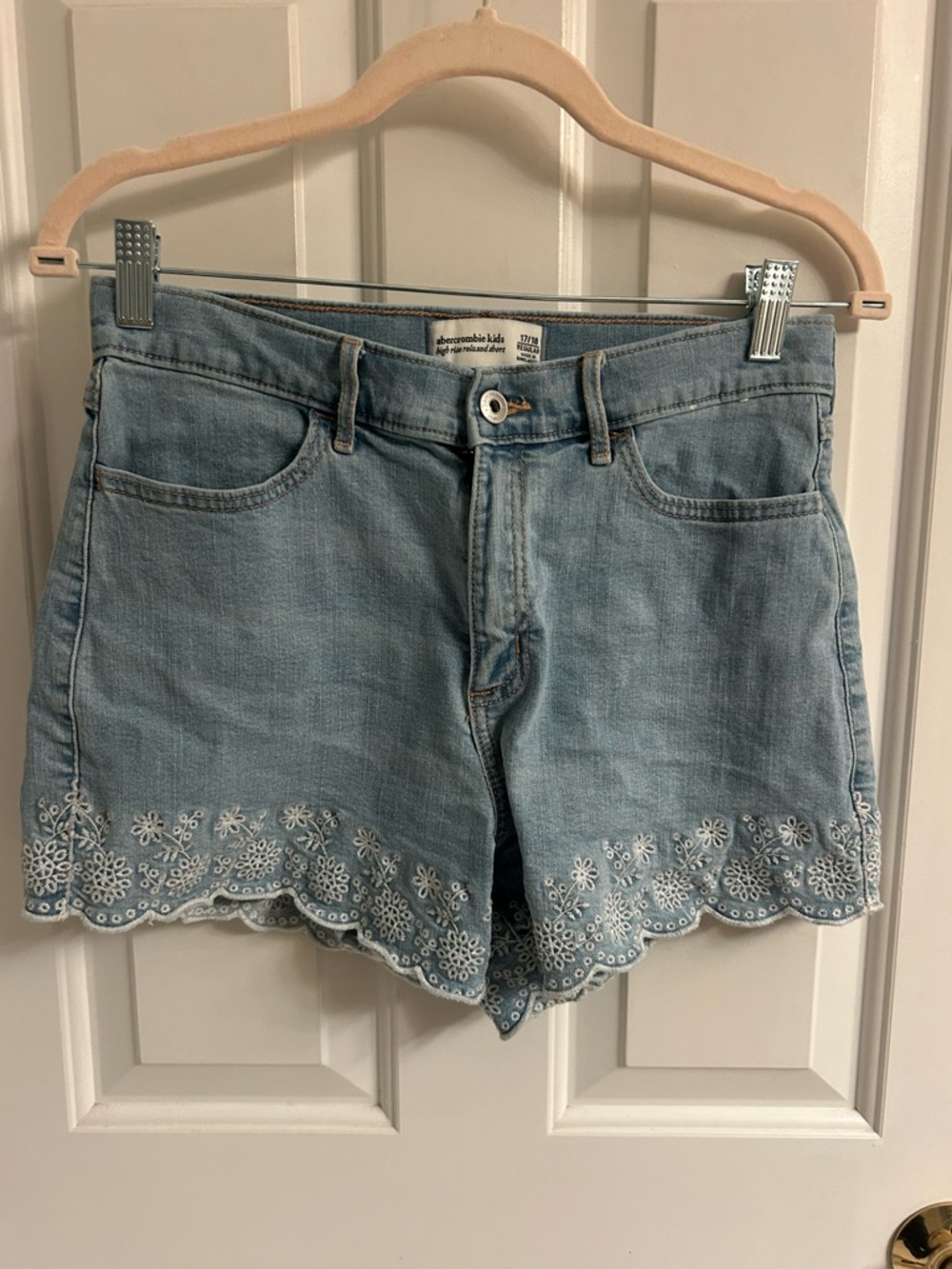 abercrombie kids Light Blue Embroidered Scallop-Hem Jean Shorts